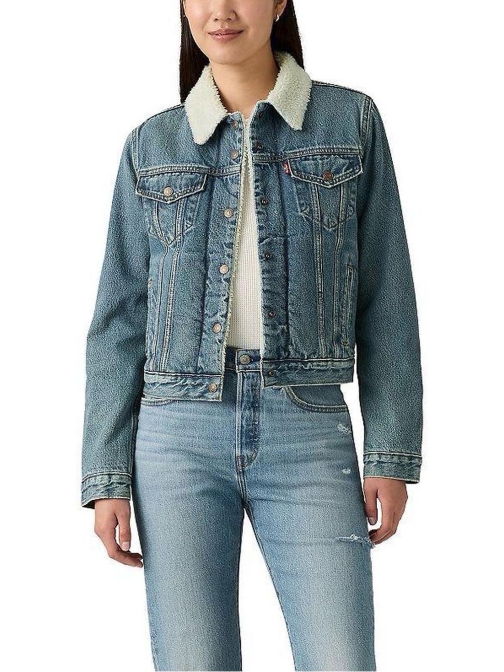 Women’s Levi Blue Denim Jacket with Cream Sherpa Collar Interior size M
